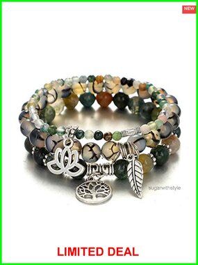 Tree of Life Yoga Healing Stone Bracelet Set Stretch Women Stress Relief